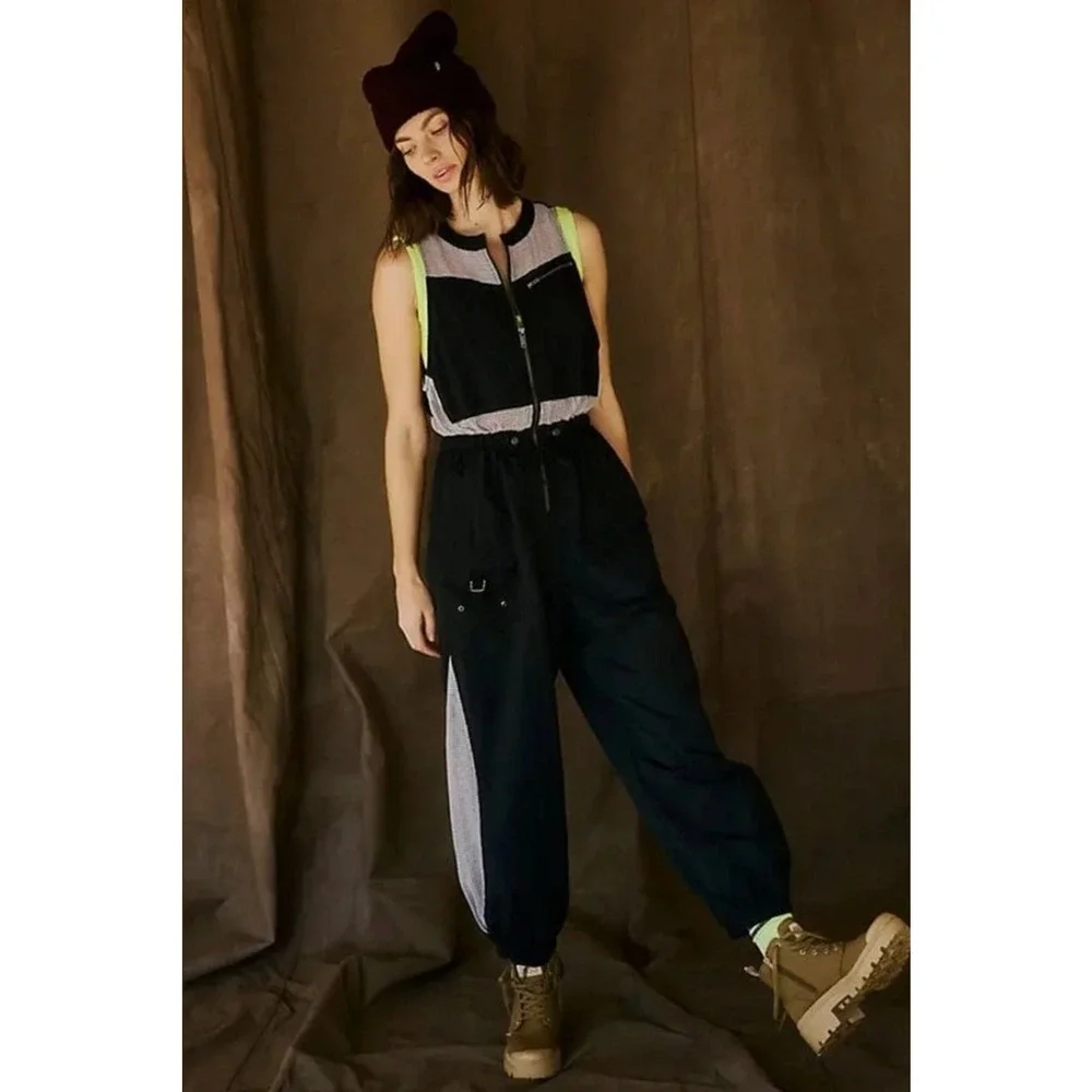 FREE PEOPLE FP MOVEMENT BLACK GRAY INHALE MESH NYLON ONE PIECE JUMPSUIT SZ S